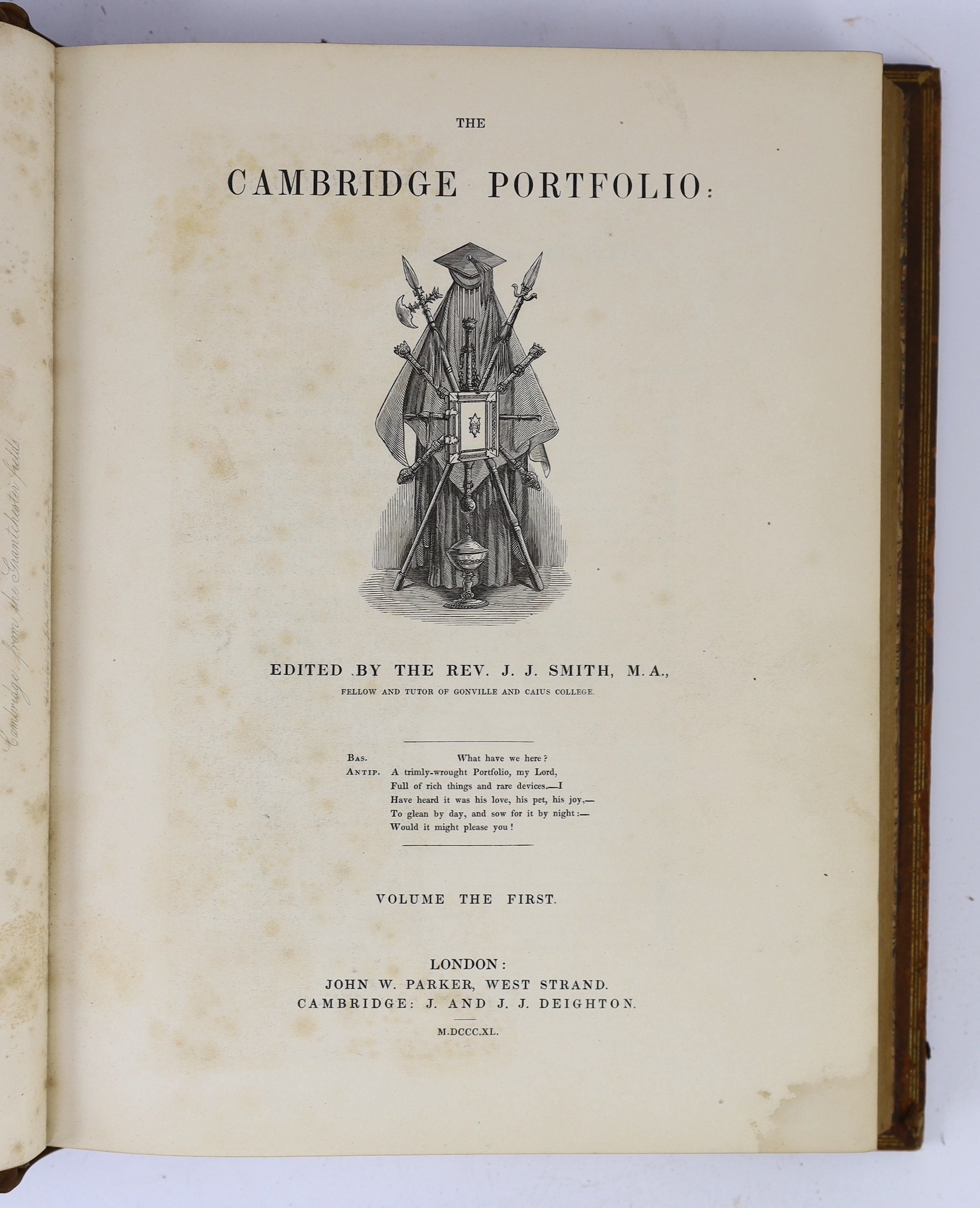 CAMBS: Smith, Rev. J.J., editor - The Cambridge Portfolio. 2 vols. pictorial title vignettes, 78 plates (2 tinted) and num. text engravings; gilt-ruled and decorated russia, ge. and marbled e/ps., roy.4to. London & Cambr